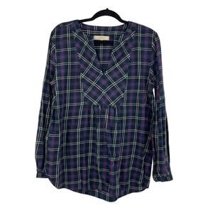 LOFT Shirt Womens Large Plaid Long Sleeve Top Blouse Cotton Blue Black